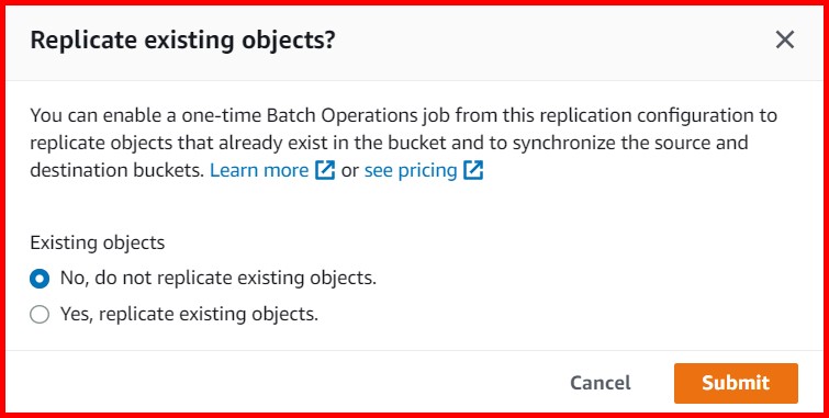 Picture showing the confirmation message if the rule is applied to the existing bucket or not